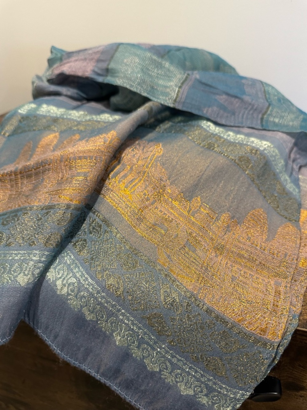 Cambodia Silk Temple - Tomb Raiders - Blue-Gold Scarf - Metallic Temple Motif